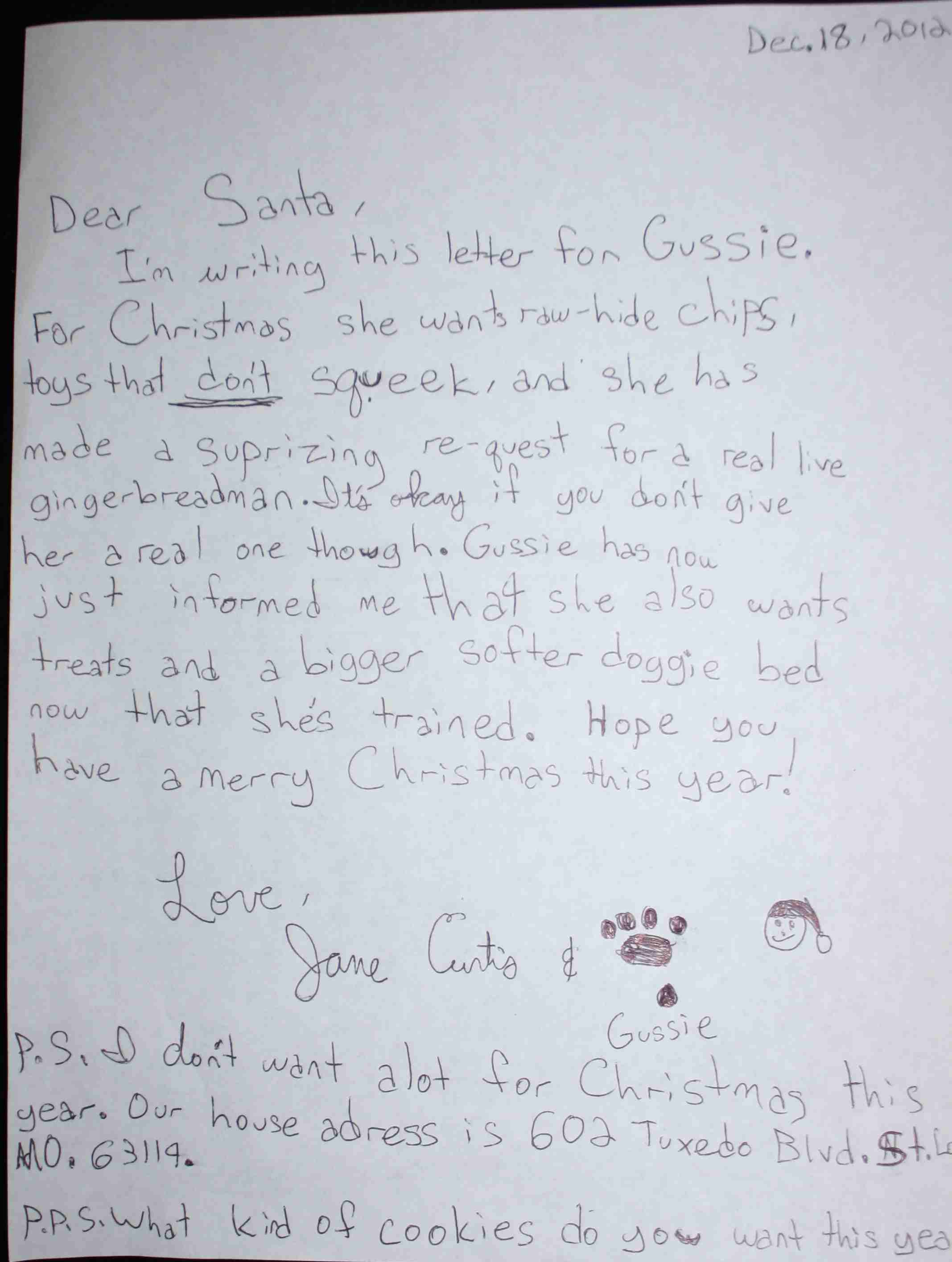 2012-12-18 Letter to Santa for Gussie